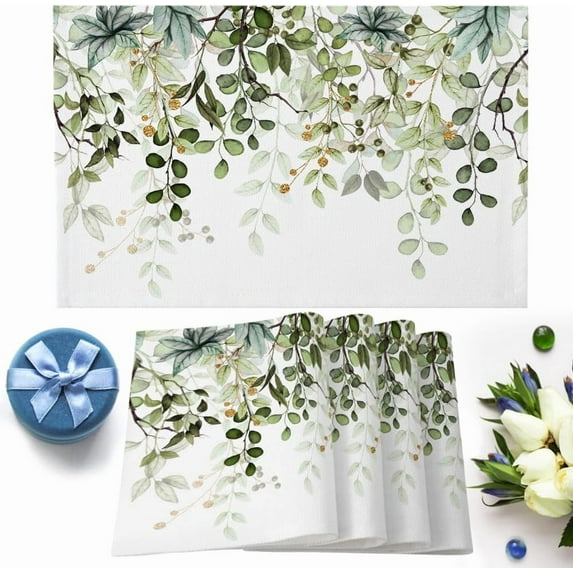 Elegant Spring Leaf Plant Placemats Set of 4 Washable Table Mats for Kitchen Dining Table, Heat-Resistant Cotton Linen Place Mats for Indoor Outdoor Parties Holiday Decoration, Green Gold