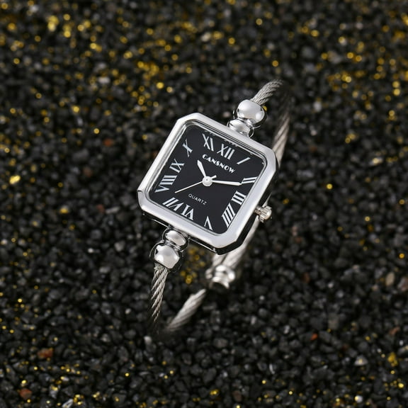 Elegant Square Bangle Watch for Women – Silver Cable Band with Black Roman Dial – Fashion Quartz Bracelet Timepiece