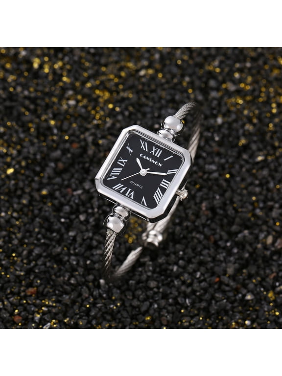 Elegant Square Bangle Watch for Women – Silver Cable Band with Black Roman Dial – Fashion Quartz Bracelet Timepiece