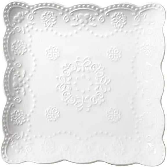 Elegant Square Embossed Lace Plate Bone China Dessert Plate Ceramic Plate for Breakfast Afternoon Tea (White, 6-inch)