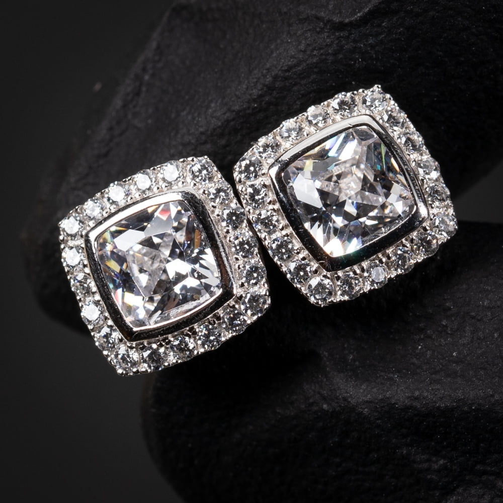 Elegant Square Halo Brilliant Iced Cushion Cut Cz Sterling Silver Hip Hop Men's Women's Stud Screw Back Earring Icy 5A Cubic Zirconia Unisex Small 10mm Earrings