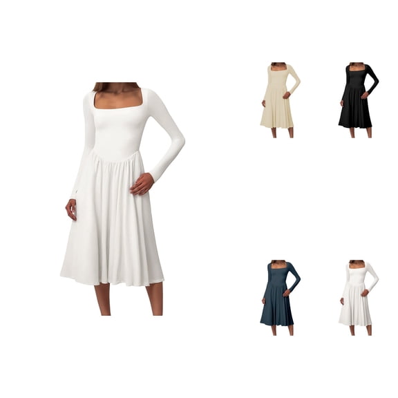 Elegant Square Neck Long Sleeve A-Line Midi Dress with Waist Tie for Women – Casual Summer Day Dress 2025