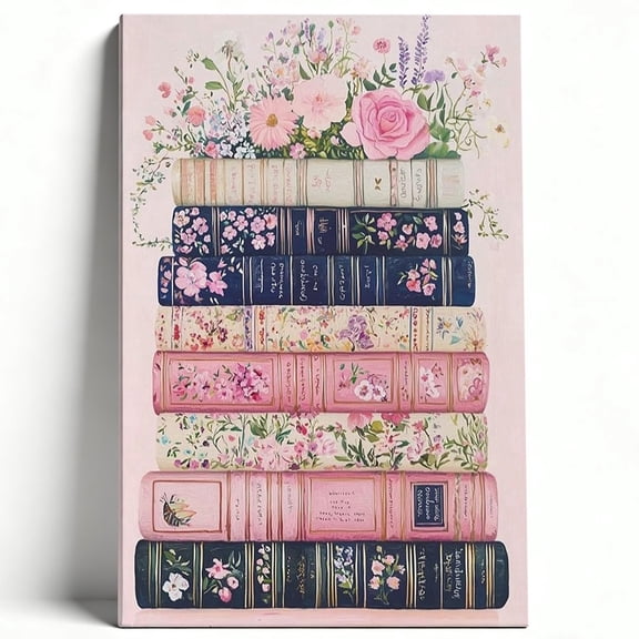 Elegant "Stacked Floral Books" Shabby Chic Premium Matte Finish Gallery Wrapped Canvas Wall Art for Reading Nook, Home Library, or Feminine Bedroom Decor 8*12inch(20*30cm)