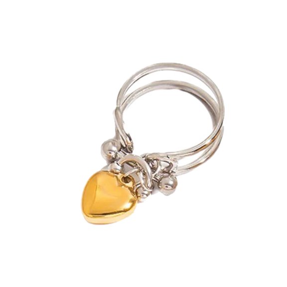 Elegant Stainless Steel Gold Heart Pendant Double Layer Opening Rings for Women Suitable for Parties and Dates