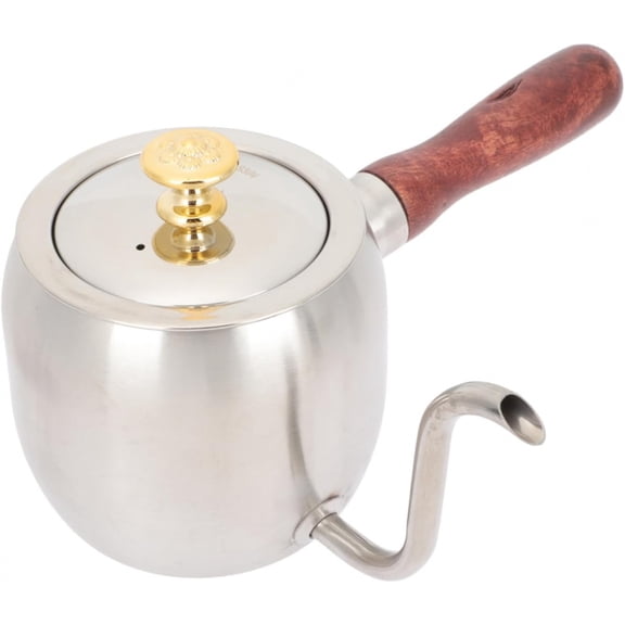 Elegant Stainless Steel Gooseneck Drip Pot Featuring Wood Grain Handle Accent, Perfect for Precise Pour-Over Tea and Coffee Brewing