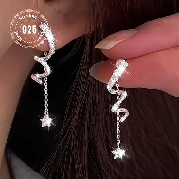 Elegant Starlight 925 Sterling Silver Geometric Spiral Twisted Tassel Dangle Earrings - Versatile Fashion Drop Earrings With Zirconia Accents, Alloy Base, And Daily Wear Durability - Ideal For Women'