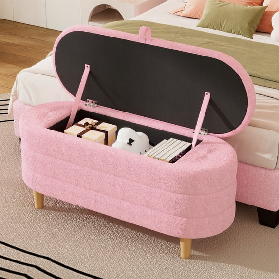 Elegant Storage Ottoman, End of Bed Upholstered Sherpa Fabric Storage Bench with Wood Legs, Storage Bench for Bedroom, Living Room, Entryway