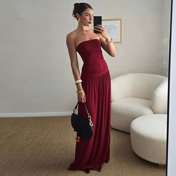 Elegant Strapless Maxi Dress (S, WineRed)