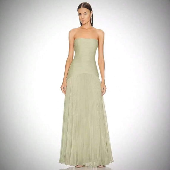 Elegant Strapless Pleated Maxi Dress In Soft Sage Green For Evening Or Formal Occasions