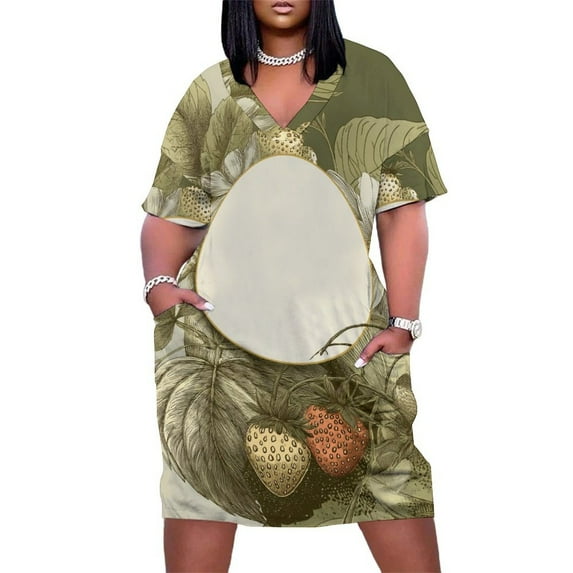 Elegant Strawberry Floral Frame Design Summer Sundress for Curve Women Casual Pattern Plus Size V Neck Short Sleeve Loose Fit Oversize Dresses