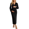 thumbnail image 1 of Elegant Stretchy Ruched Waist V Neck Long Sleeve Slim Fit Maternity Midi Dress for Evening Party Wedding Guest, 1 of 4