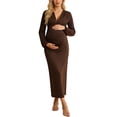 thumbnail image 1 of Elegant Stretchy Ruched Waist V Neck Long Sleeve Slim Fit Maternity Midi Dress for Evening Party Wedding Guest, 1 of 3