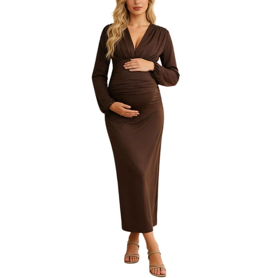 Elegant Stretchy Ruched Waist V Neck Long Sleeve Slim Fit Maternity Midi Dress for Evening Party Wedding Guest