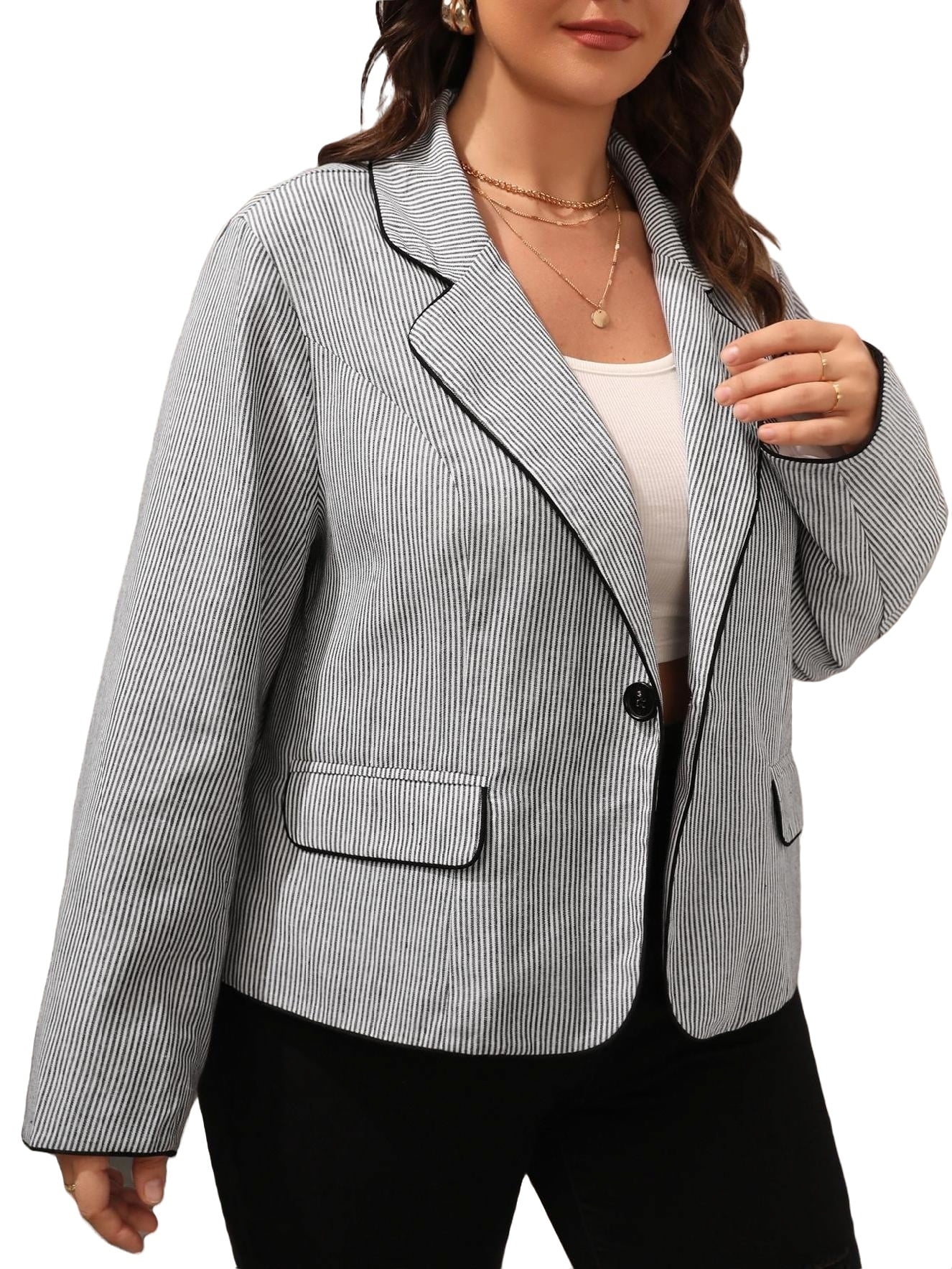 Elegant Striped Lapel Neck Regular Long Sleeve Multicolor Plus
