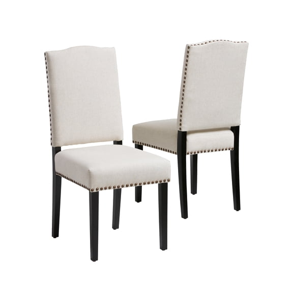 Elegant Stud Dining Chair in soft beige with bronze studs & espresso legs for plush comfort and sophisticated style