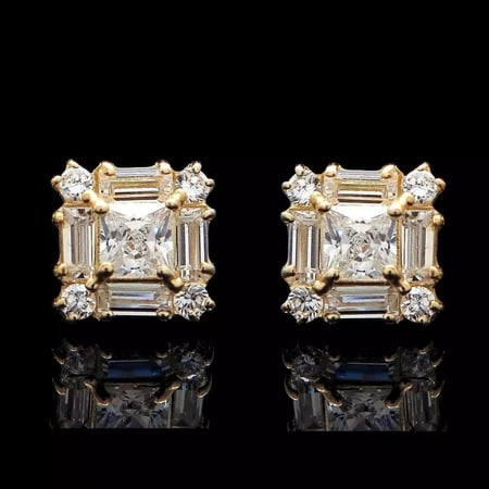 Elegant Style 2.00 CT Princess & Baguette Cut Lab-Created Diamond Stud Earrings 14K Yellow Gold Plated Silver