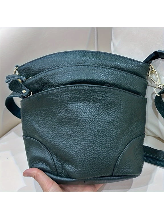 [Elegant Style] Genuine Leather Women's Crossbody Bag, Dual Pockets, Detachable Shoulder Strap, Zipper Closure, Versatile Shoulder Bag, Tote Bag