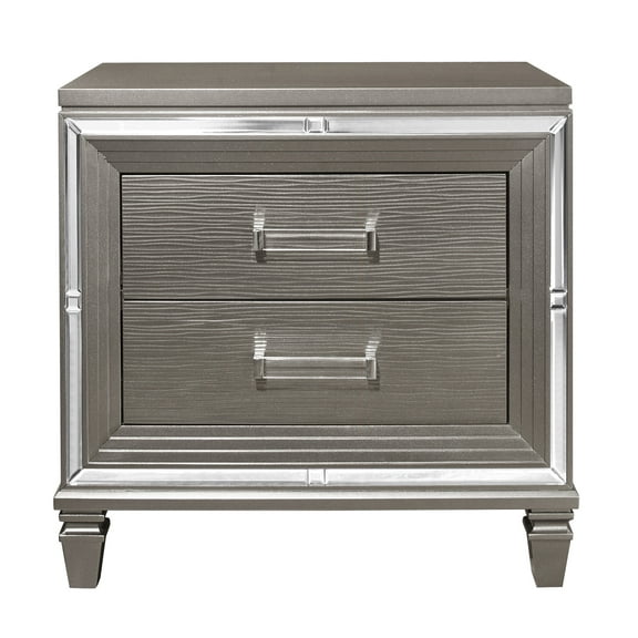 Elegant Style Silver-Gray Metallic Finish Nightstand Beveled Mirror Trim Dovetail Drawers Wooden Furniture
