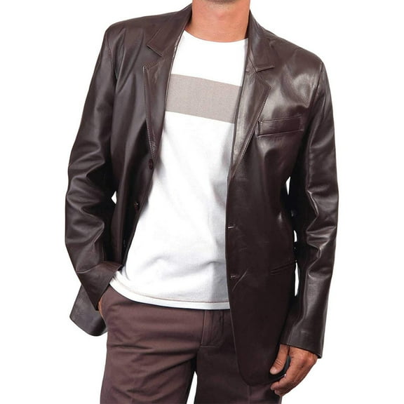 Elegant Stylish Brown 100% Genuine Lambskin Leather Lightweight Soft Satin lining with comforatble to carry Blazer for Men - XL Size