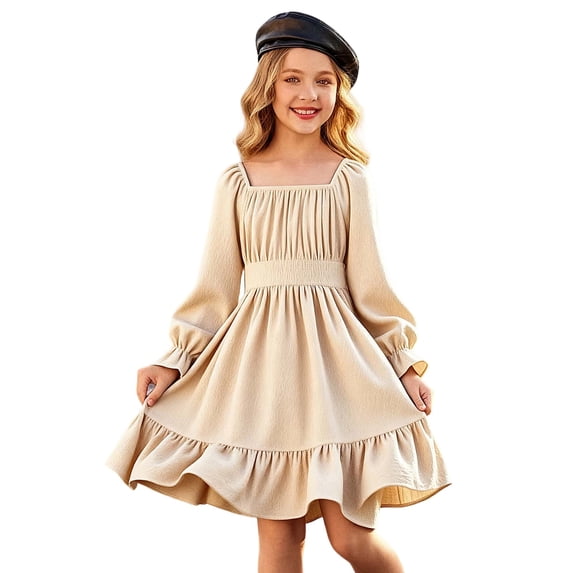 Square Neck Flutter Sleeve Girl's Dress Gold