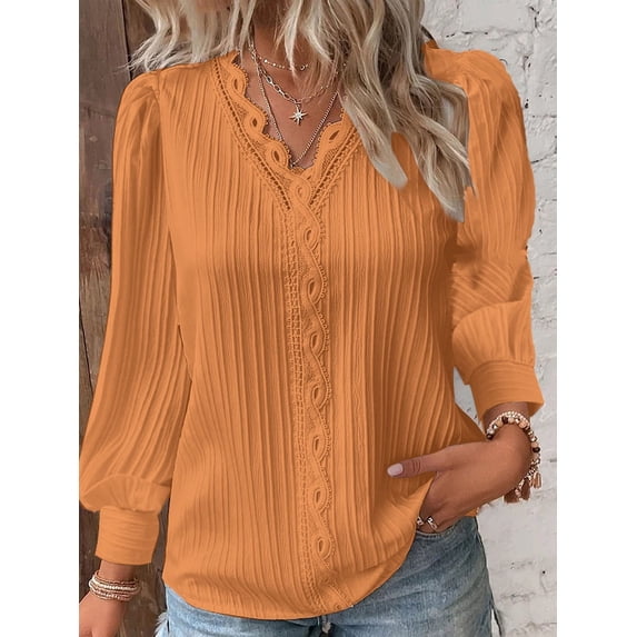 Elegant Summer Hollow Lace Patchwork Women Shirt Chic Blouse V Neck Long Sleeve Shirt Plain Lace Casual Basic Regular Tops