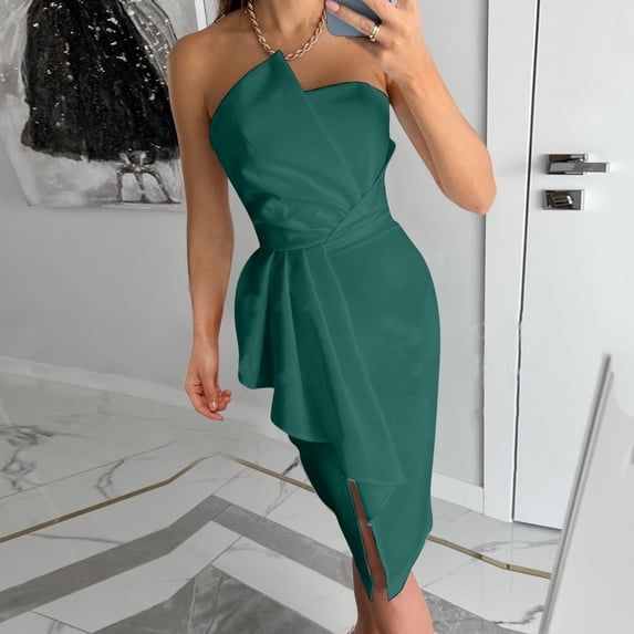 Elegant Summer Off Shoulder High Waist Tennis Bodycon Dress for Women Casual Style Feminine Fit Green L
