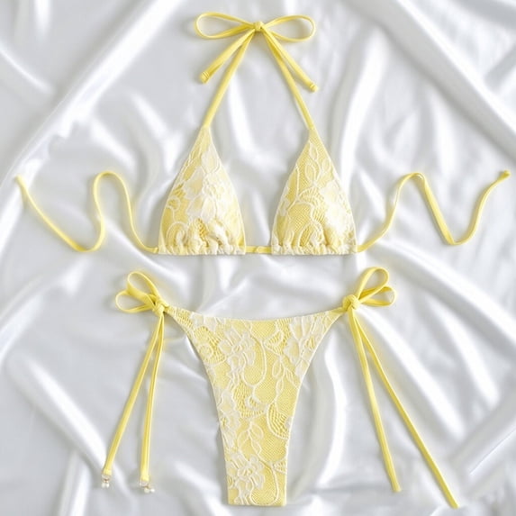 Elegant Summer Striped Tie Front Bikini For Beachwear And Lounging Tankini SwimwearWomen Bikini Set Textured Halter Triangle Tie Side Bikini Set with Lace (Yellow M)