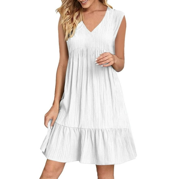 Elegant Sun Dresses for Curvy Women V Neck Cotton Linen Sleeveless Spring Pleated Dresses Knee Length Ruffle Tiered Layered Elegant Short Dresses White L