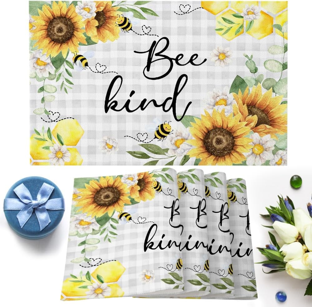 Elegant Sunflower Bee Placemats Set of 6 Washable Table Mats for ...