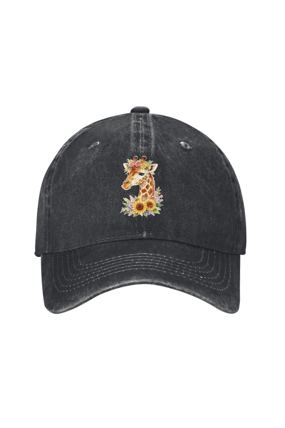 Elegant Sunflower Giraffe Baseball Cap Denim Adjustable Comfortable Floral Giraffe Hat Gifts for Women Adults Men Mom