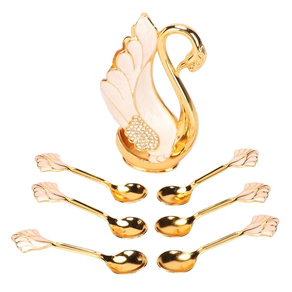 Elegant Swan Base Holder with 6 Golden White Dessert Spoons Premium Coffee Spoon Flatware Set for Tea Party Bistro 6.0 in / 15.2 cm Height