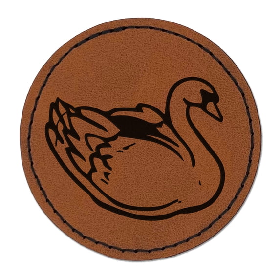 Elegant Swan Bird 2.5" Faux Leather Round Engraved Iron-On Patch - Brown