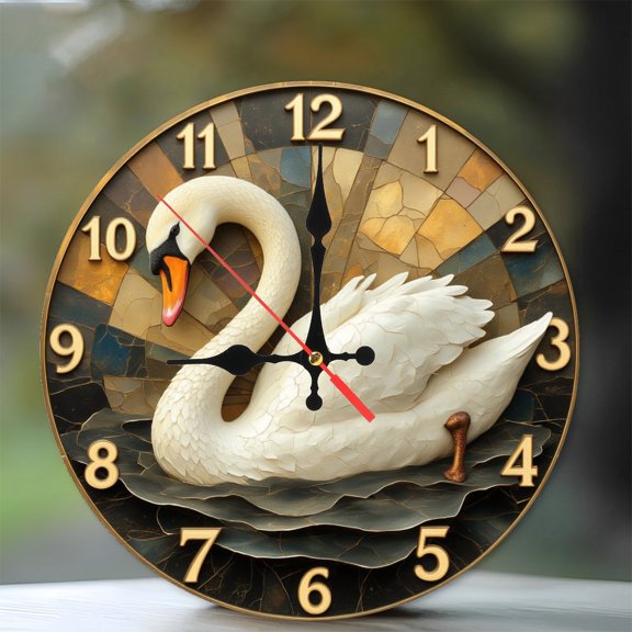 Elegant Swan Clock 10-Inch Silent Wooden Wall Clock, Battery Operated (AA Batteries Not Included), Artistic Home Decor