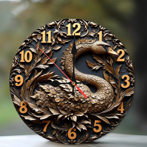 Elegant Swan Clock 10-Inch Silent Wooden Wall Clock, Battery Operated (AA Batteries Not Included), Artistic Home Decor