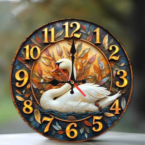 Elegant Swan Clock Decor 10-Inch Silent Wooden Wall Clock, Battery Operated (AA Batteries Not Included), Artistic Home Decor