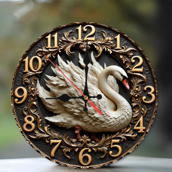 Elegant Swan Décor Wall Clock with Roman Numerals 10-Inch Silent Wooden Wall Clock, Battery Operated (AA Batteries Not Included), Artistic Home Decor