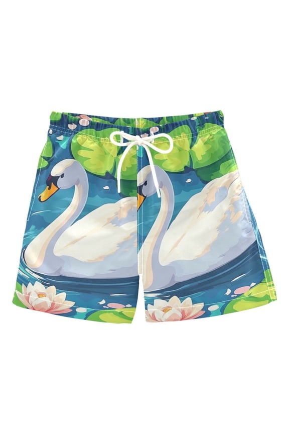 Elegant Swan Floating on Water Boys Swim Trunks Quick Dry Boy Swim Shorts for 3-14 Years