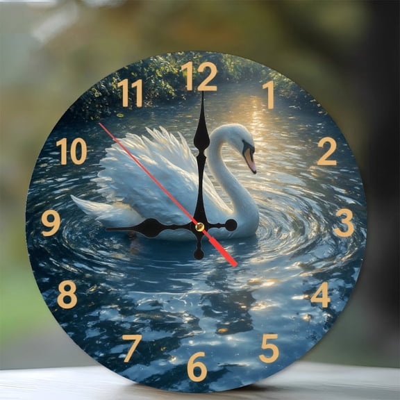 Elegant Swan Lake Wall Clock Home Decor Beautiful Waterfowl 10-Inch Silent Wooden Wall Clock, Battery Operated (AA Batteries Not Included), Artistic Home Decor