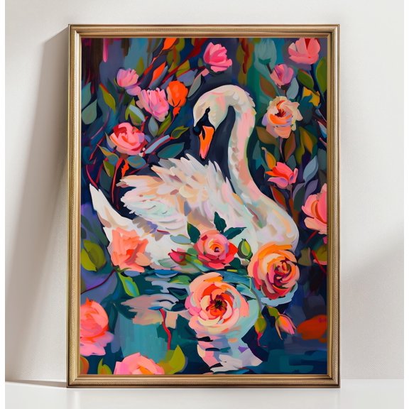 Elegant Swan Roses Floral Wall Art Decor Unframed Paper Print