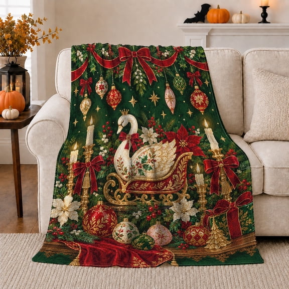 Elegant Swan Sleigh Christmas, Festive Holiday Scene, Warm Flannel Blanket for Living Room and Reading Nook with Detailed Artwork, Art Lovers Christmas Gift, Festive Home Decor