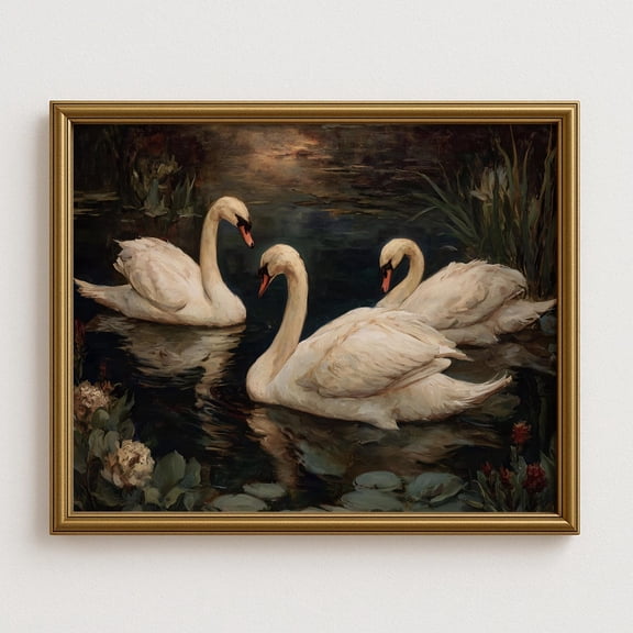 Elegant Swan Trio Wall Art, Romantic Lake, Moody Floral Waterfowl Print, Vintage Style Nature Decor, Classical Animal Home Decor #925, Stretched Canvas Size 16x24