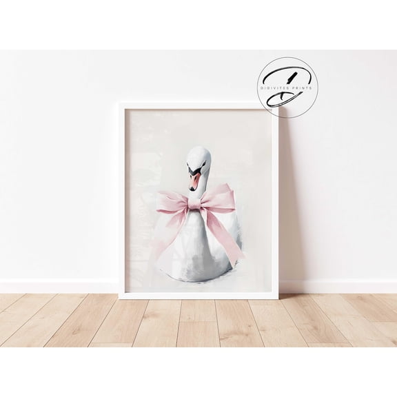 Elegant Swan Wall Art Print, Pink Bow Swan, Girl'S Bedroom Nursery Art, Wall Art, Cottagecore Swan Print, Girls Bedroom Decor Home Decor #400, Unframed Poster Size 16x24