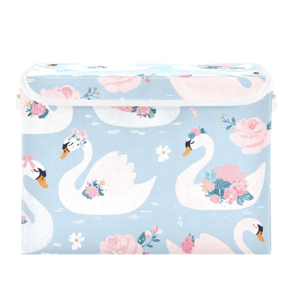 Elegant Swan with Pink Roses Cute Foldable Storage Bins with Lids Handles Collapsible Storage Containers Tote Boxes 16.5 x 12.6 x 11.8 inches