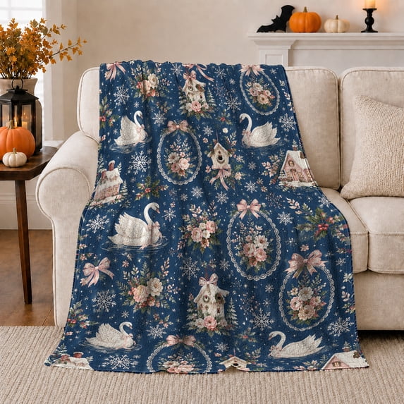 Elegant Swans Winter Floral Wreaths Dreamy Christmas, Festive Bird Art Scene, Warm Flannel Blanket for Living Room and Reading Nook, Bird Lovers Housewarming Gift, Artistic Home Decor