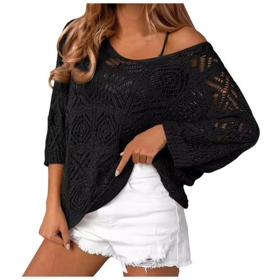Elegant Sweater Vest Women Trendy Knit Top for Business Casual Women Off Shoulder Tops Casual 3/4 Sleeve Hollow Out Crochet Sweaters Lightweight Oversized Knit Tops