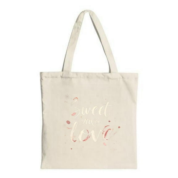 Elegant " Sweet Love " tote bag in light fabric adorned with whimsical pink and peach accents Perfect for shopping travel and parties