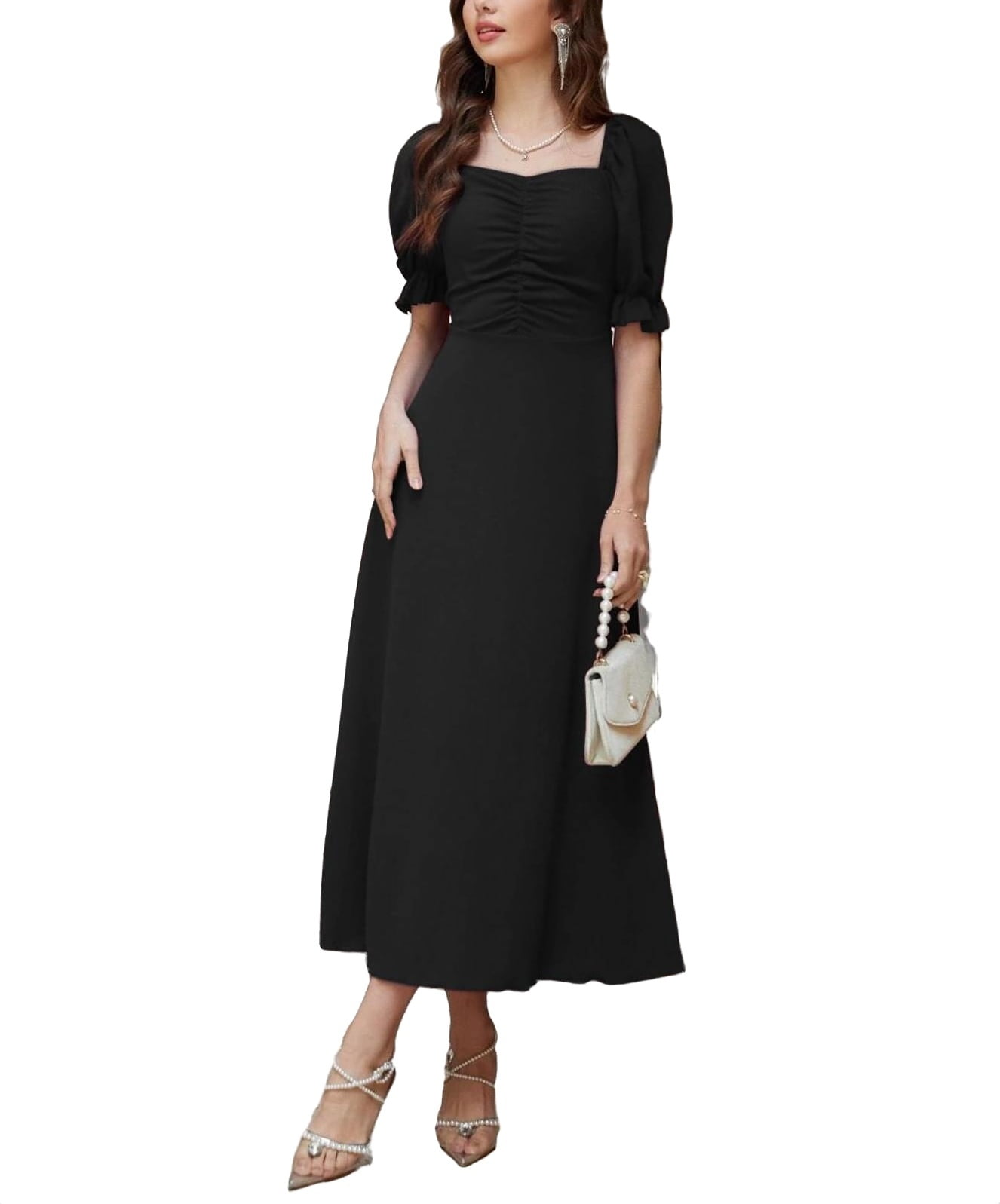 Elegant Sweetheart Neck A Line Dress Short Sleeve Black Women's Dresses  (Women's) S