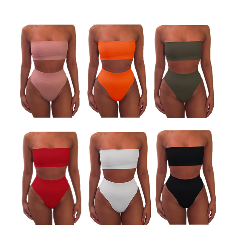 Elegant Swimsuits Women Bikinis Solid Color Boob Tube Top + Swimming Trunks Bikini High Waist Swimsuit Ladies(Orange/L) - image 1 of 7