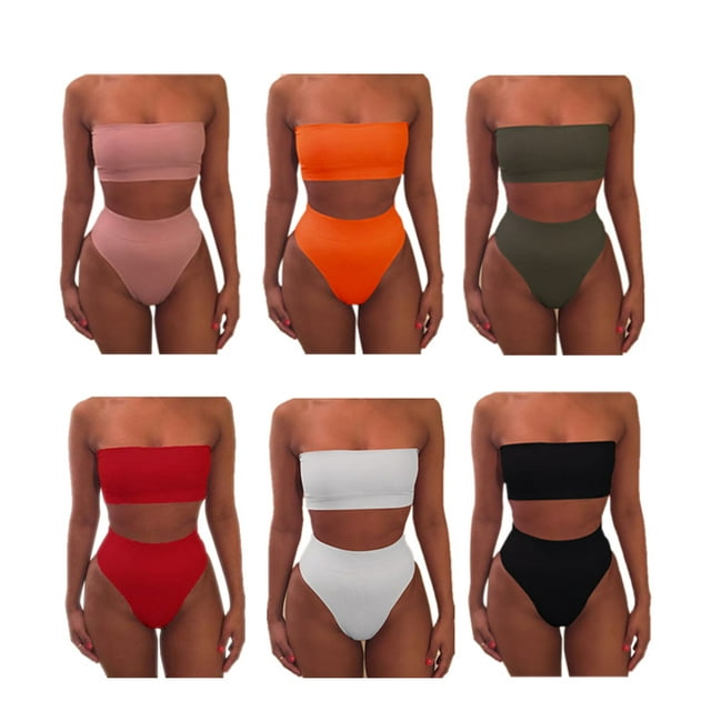 Elegant Swimsuits Women Bikinis Solid Color Boob Tube Top + Swimming Trunks Bikini High Waist Swimsuit Ladies(Orange/L)