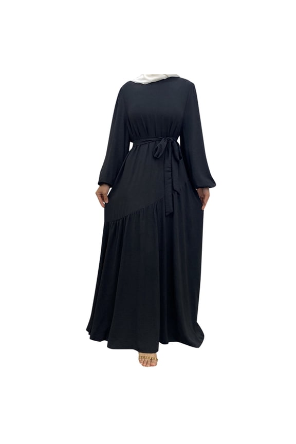 Elegant Swing Dress for Women Dubai Loose Fit Solid Color Round Neck Zipper Design